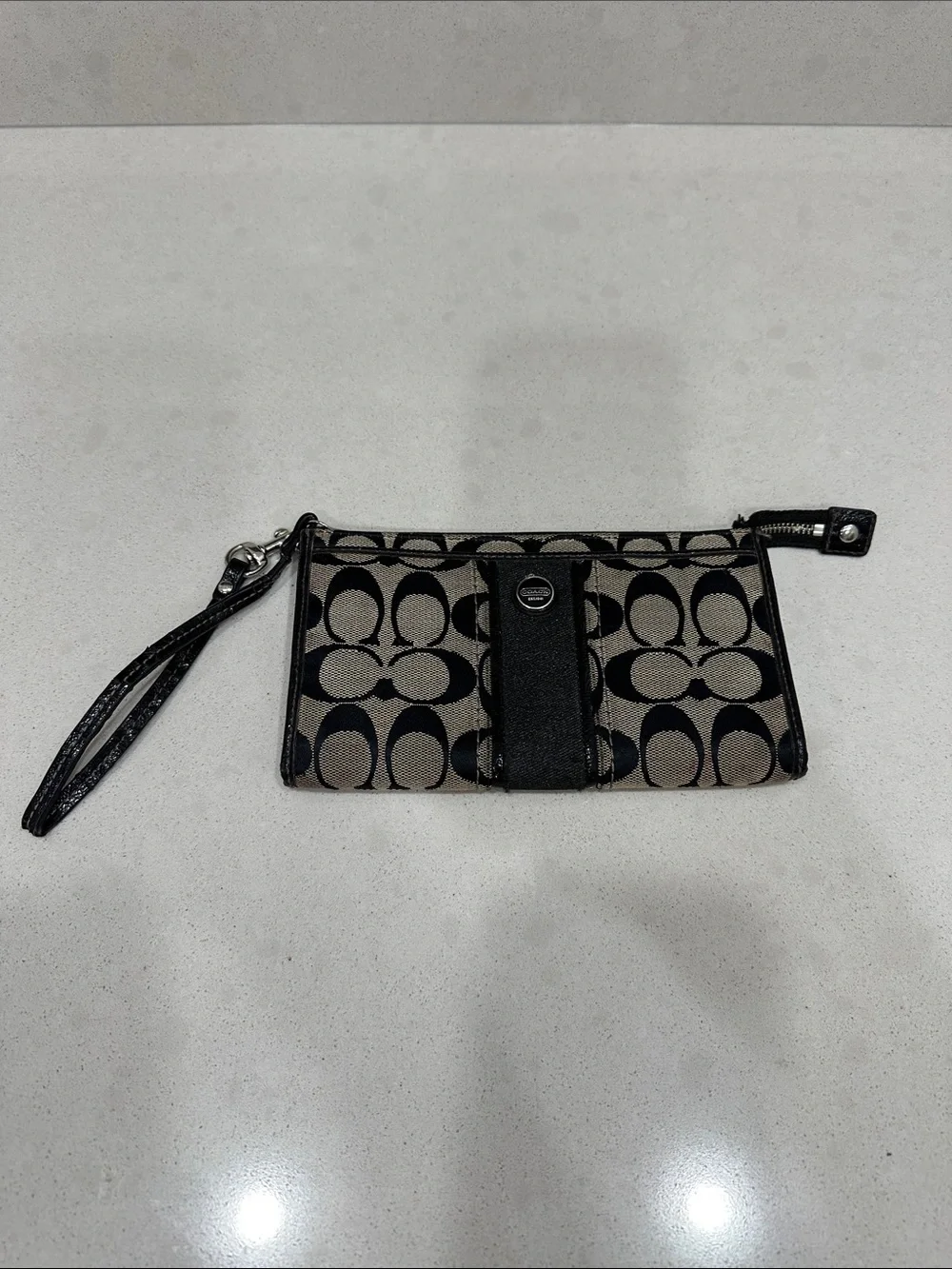 Coach Black and Tan Signature Canvas Wristlet